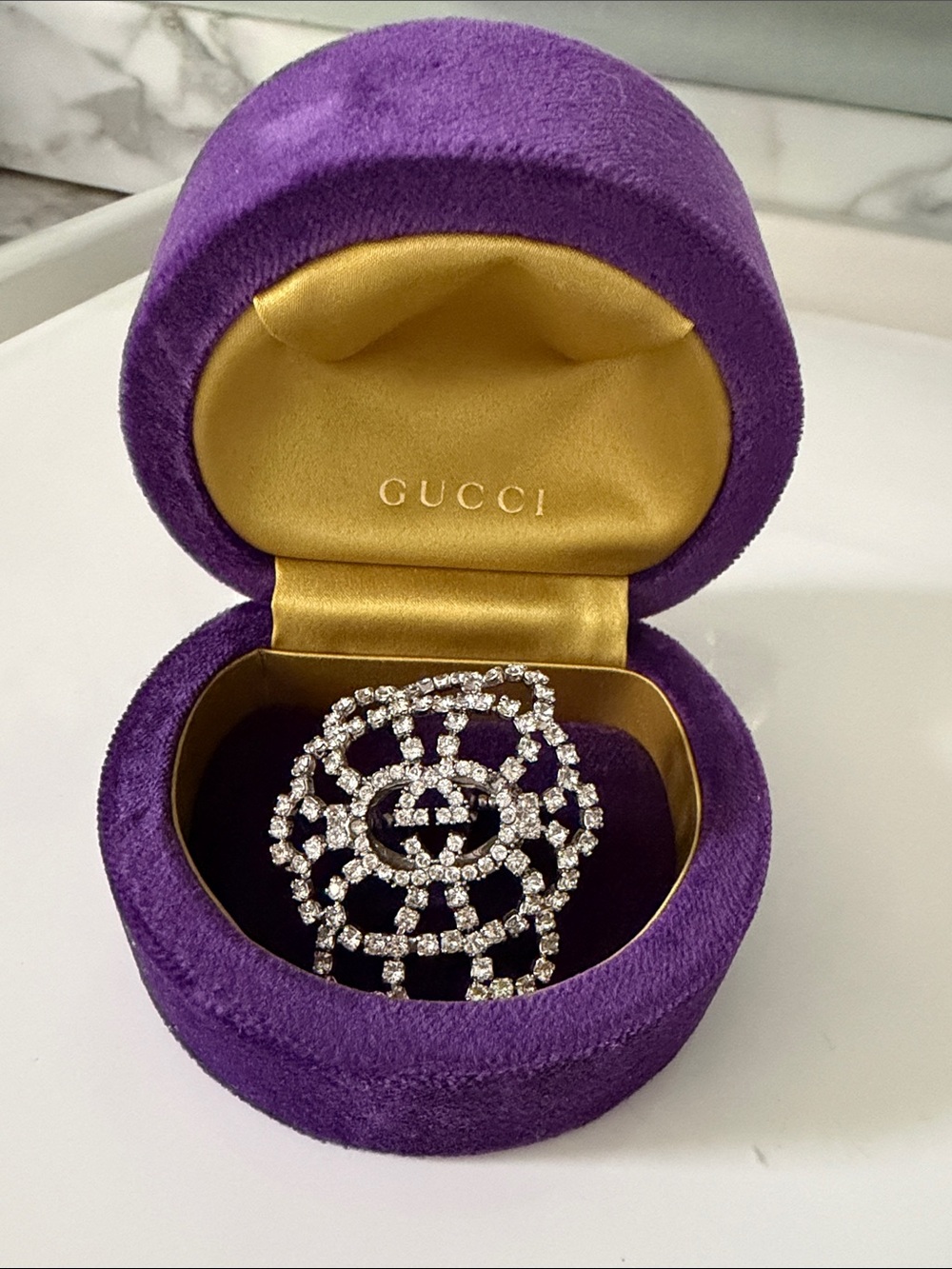 Gucci Crystal Ring in Clear Crystal and Gold Box, size can be adjusted
